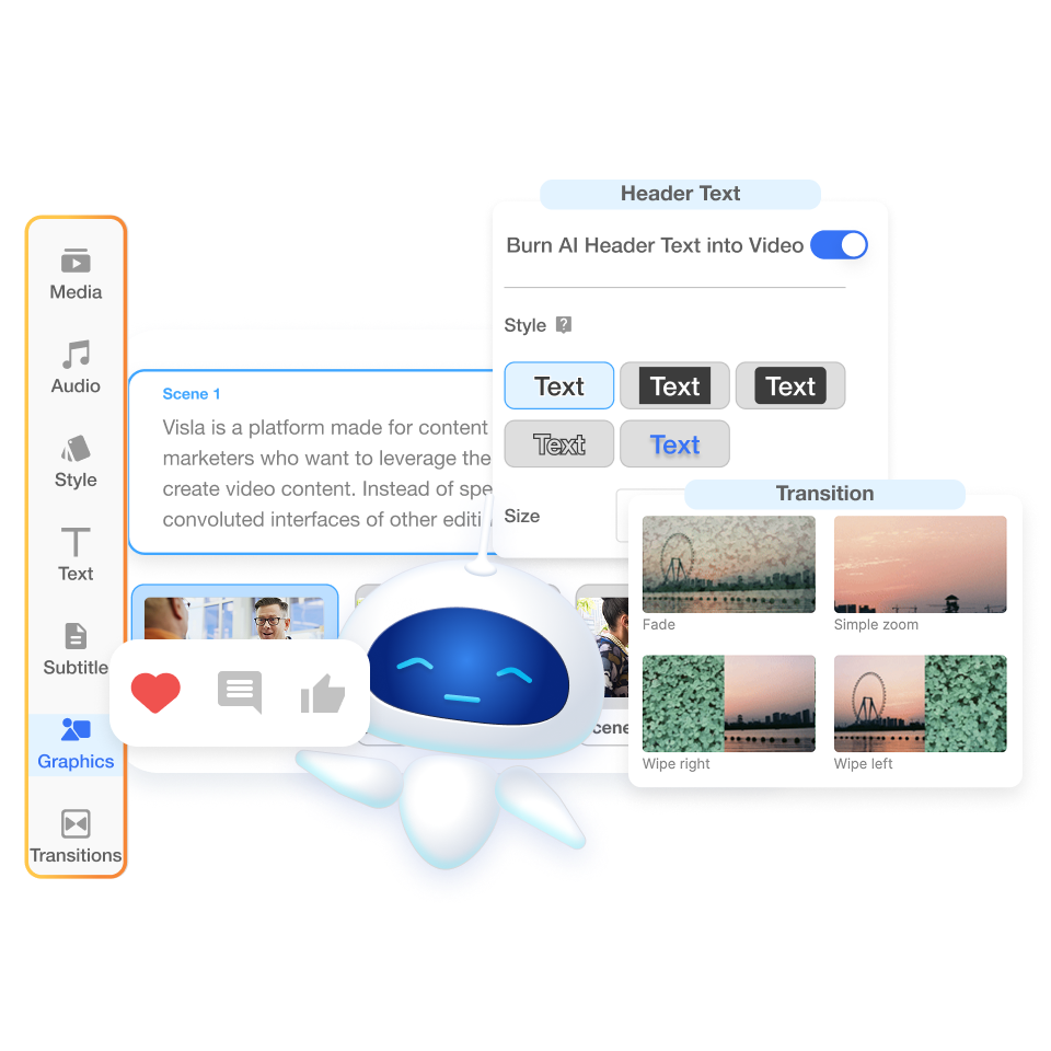Enhance your motivational video with visuals and effects using Visla’s intuitive editor.
